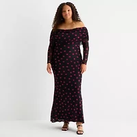 Premier Amour Womens Plus Off The Shoulder Long Sleeve Polka Dot Maxi Dress