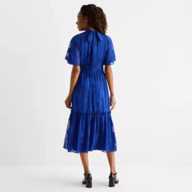 Melonie T Womens Short Sleeve Midi Fit + Flare Dress