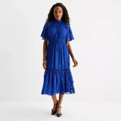 Melonie T Womens Short Sleeve Midi Fit + Flare Dress