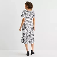 Perceptions Womens Short Sleeve Abstract Midi Fit + Flare Dress