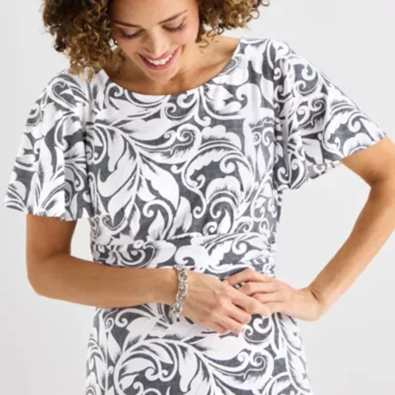 Perceptions Womens Short Sleeve Abstract Midi Fit + Flare Dress