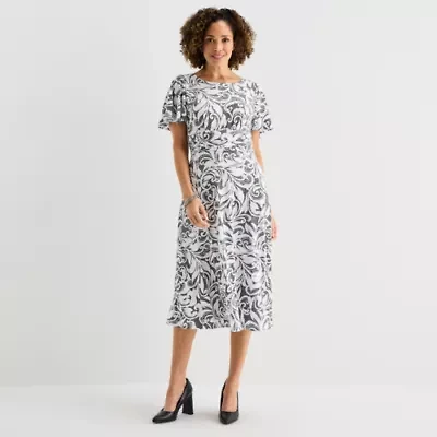 Perceptions Womens Short Sleeve Abstract Midi Fit + Flare Dress