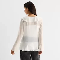 Forever 21 Womens Juniors Split Tie Neck Long Sleeve Blouse