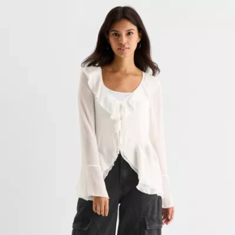 Forever 21 Womens Juniors Split Tie Neck Long Sleeve Blouse