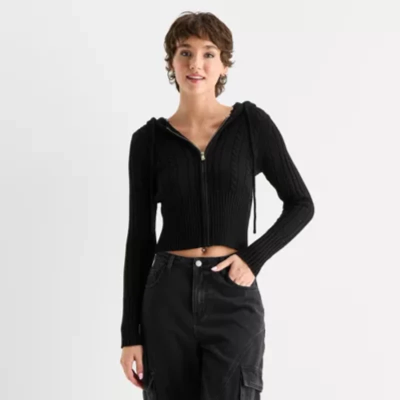Forever 21 Womens Hooded Long Sleeve Zipper Juniors Cable Knit Cardigan
