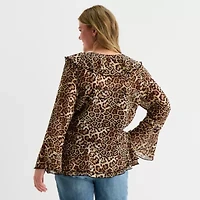 Forever 21 Womens Juniors Plus Split Tie Neck Long Sleeve Blouse