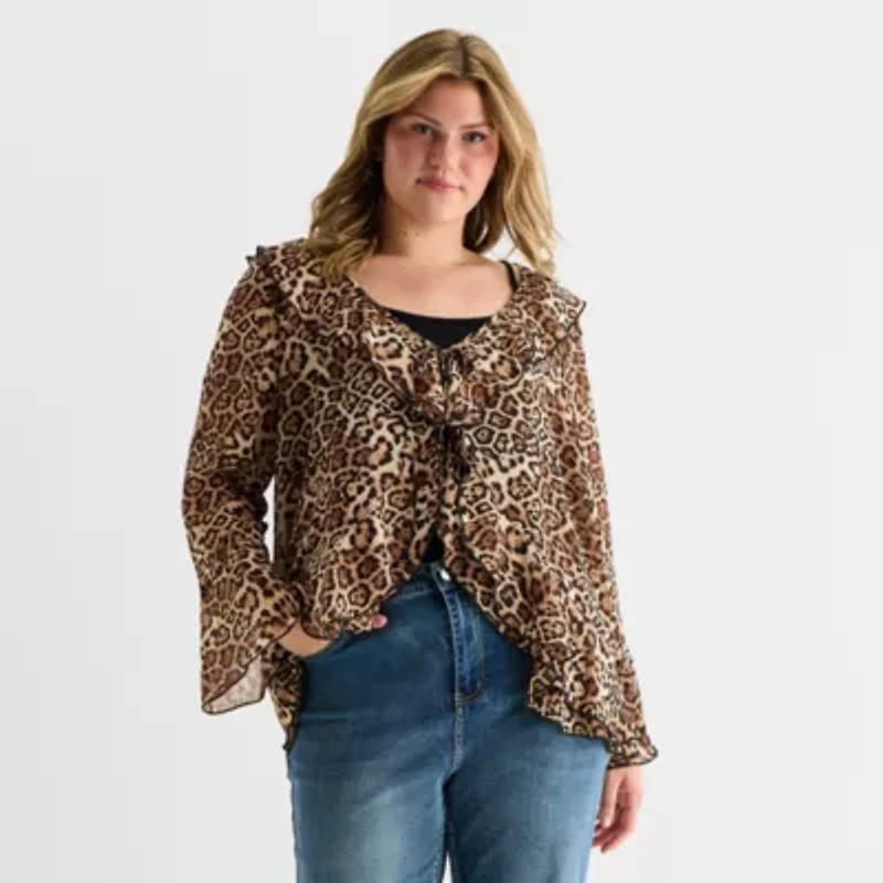 Forever 21 Womens Juniors Plus Split Tie Neck Long Sleeve Blouse