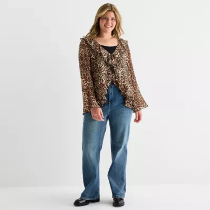 Forever 21 Womens Juniors Plus Split Tie Neck Long Sleeve Blouse