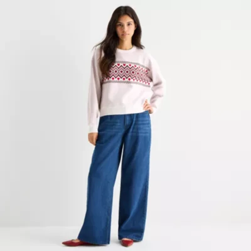 Forever 21 Juniors Womens Crew Neck Long Sleeve Hearts Pullover Sweater