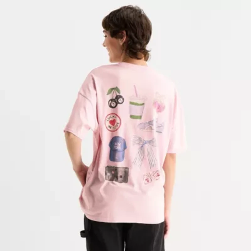 Arizona Womens Juniors Crew Neck Short Sleeve Oversized Graphic T-Shirt