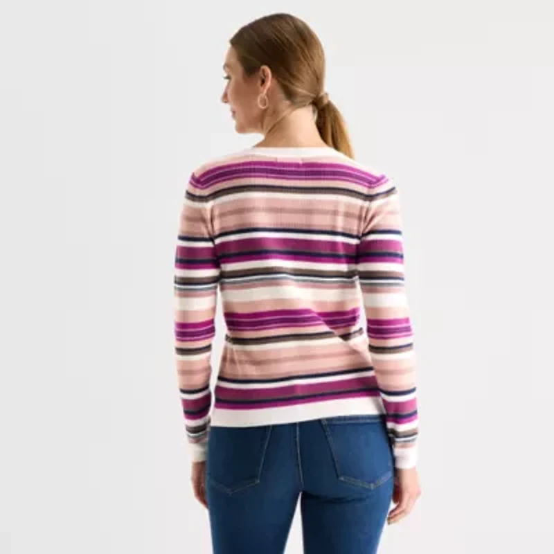 Liz Claiborne Womens Henley Neck Long Sleeve Striped Layered Sweater
