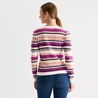 Liz Claiborne Womens Henley Neck Long Sleeve Striped Layered Sweater