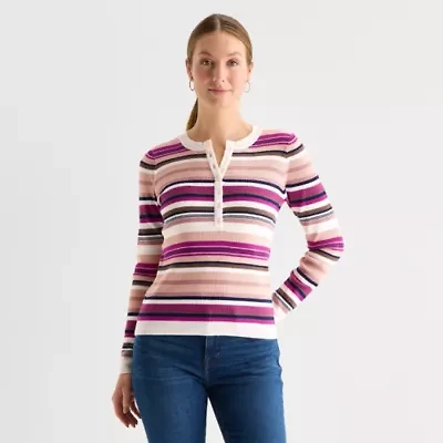 Liz Claiborne Womens Henley Neck Long Sleeve Striped Layered Sweater