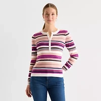 Liz Claiborne Womens Henley Neck Long Sleeve Striped Layered Sweater