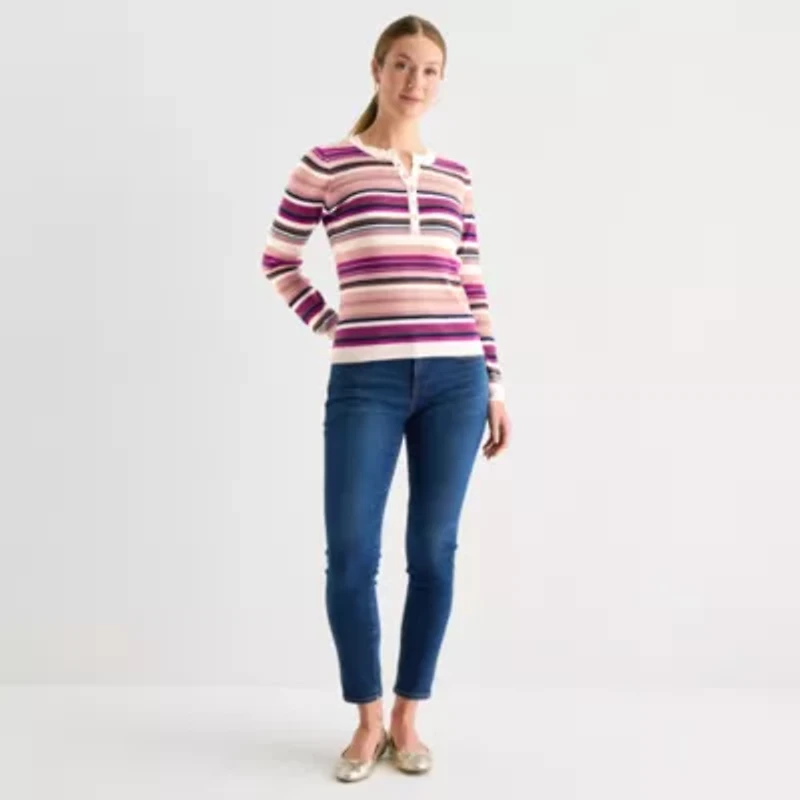 Liz Claiborne Womens Henley Neck Long Sleeve Striped Layered Sweater