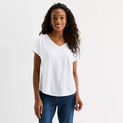 St. John's Bay Womens V Neck Textured Short Sleeve Blouse
