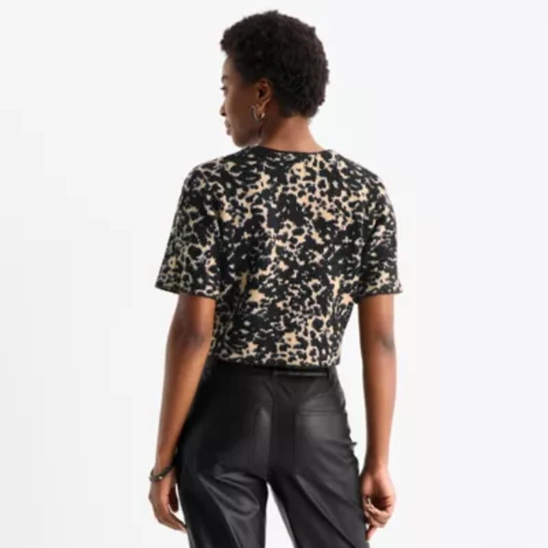 Worthington Womens V Neck Short Sleeve Animal Pullover Sweater