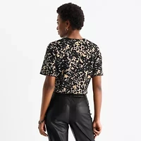 Worthington Womens V Neck Short Sleeve Animal Pullover Sweater