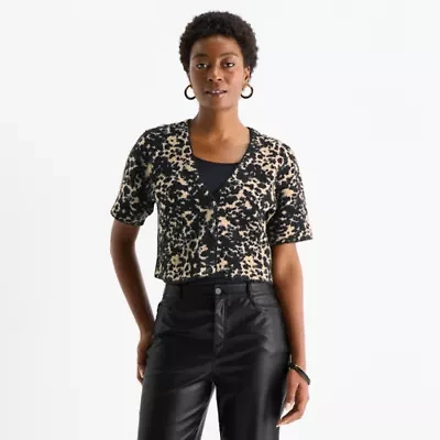 Worthington Womens V Neck Short Sleeve Animal Pullover Sweater