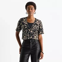 Worthington Womens V Neck Short Sleeve Animal Pullover Sweater