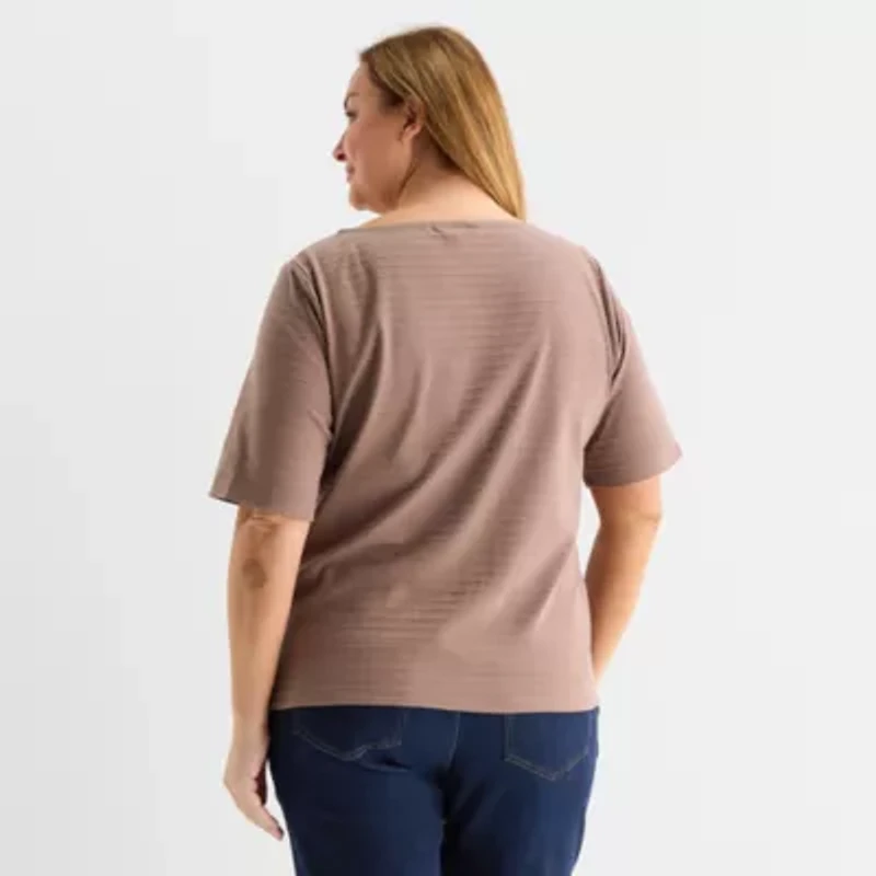 Liz Claiborne Womens Plus Boat Neck Elbow Sleeve Blouse