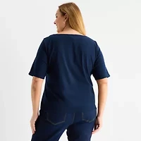 Liz Claiborne Womens Plus Boat Neck Elbow Sleeve Blouse