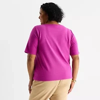 Liz Claiborne Womens Plus Boat Neck Elbow Sleeve Blouse