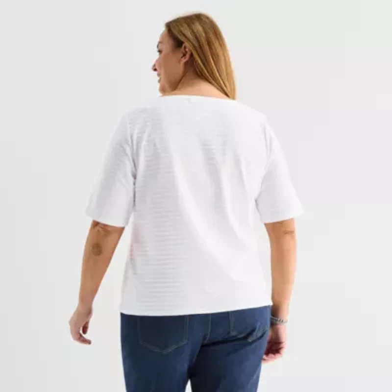 Liz Claiborne Womens Plus Boat Neck Elbow Sleeve Blouse