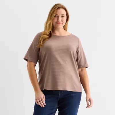 Liz Claiborne Womens Plus Boat Neck Elbow Sleeve Blouse