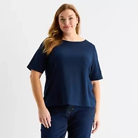 Liz Claiborne Womens Plus Boat Neck Elbow Sleeve Blouse