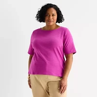 Liz Claiborne Womens Plus Boat Neck Elbow Sleeve Blouse