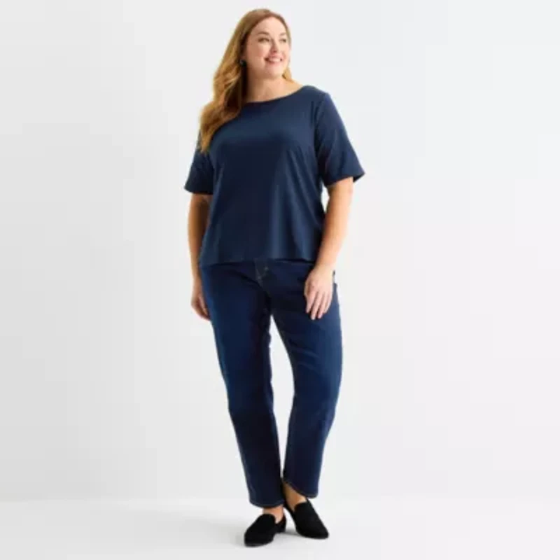 Liz Claiborne Womens Plus Boat Neck Elbow Sleeve Blouse