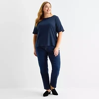 Liz Claiborne Womens Plus Boat Neck Elbow Sleeve Blouse