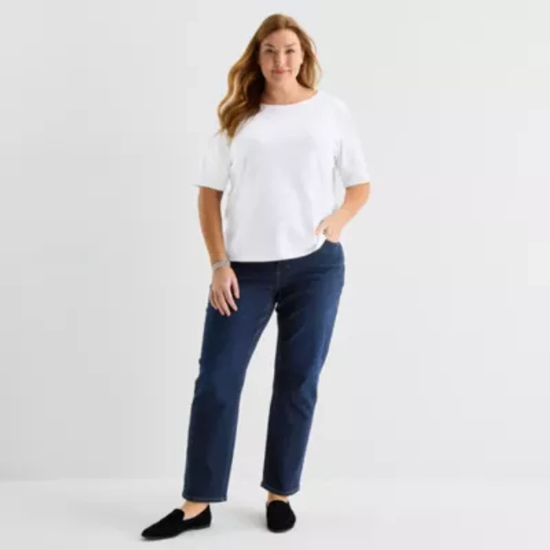 Liz Claiborne Womens Plus Boat Neck Elbow Sleeve Blouse