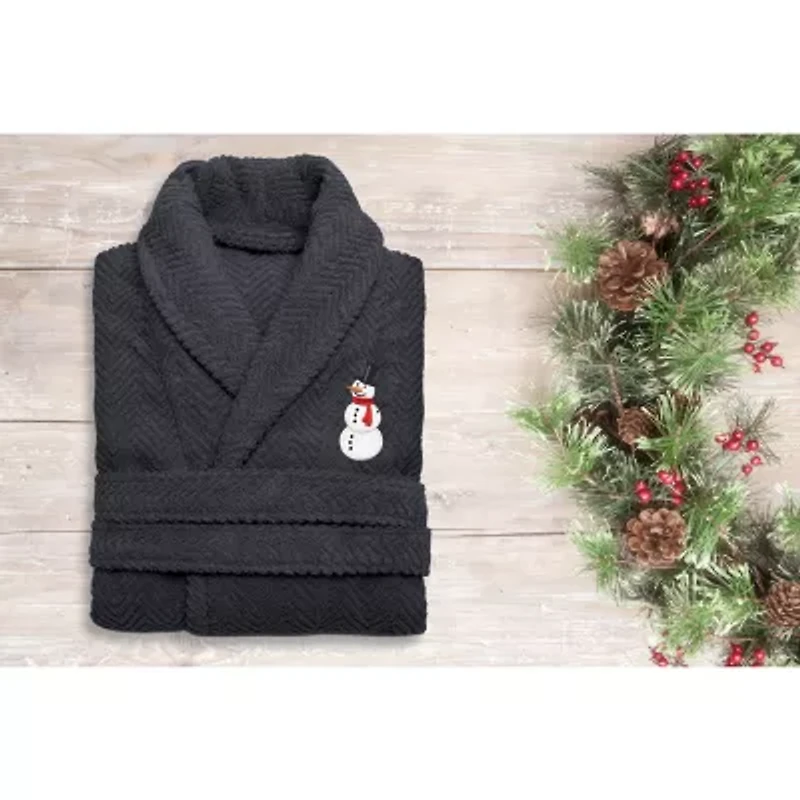 Linum Home Textiles Embroidered Snowman Herringbone Bathrobe Unisex Adult Long Sleeve Length Robe