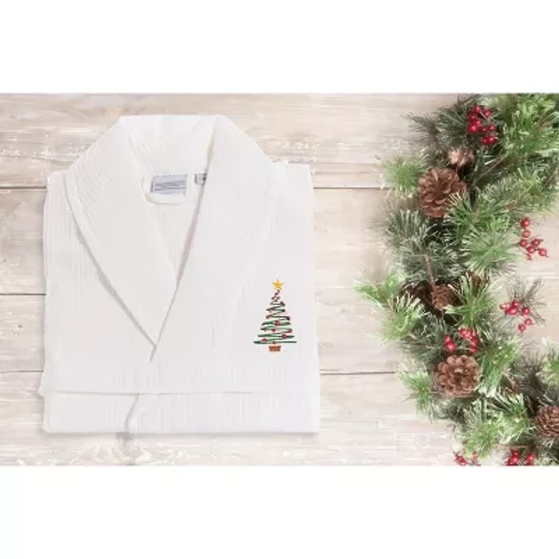 Linum Home Textiles Embroidered Christmas Tree Waffle Weave Bathrobe Unisex Adult Long Sleeve Length Robe