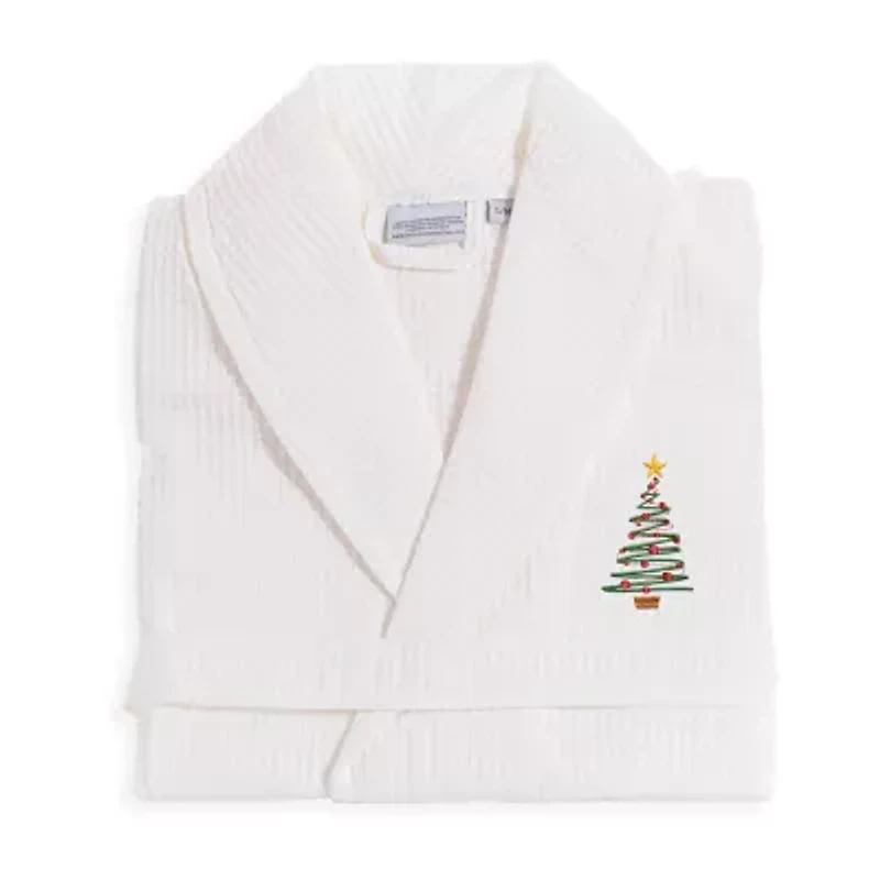 Linum Home Textiles Embroidered Christmas Tree Waffle Weave Bathrobe Unisex Adult Long Sleeve Length Robe