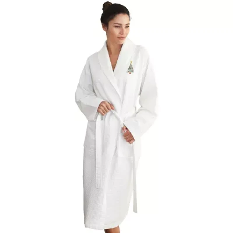 Linum Home Textiles Embroidered Christmas Tree Waffle Weave Bathrobe Unisex Adult Long Sleeve Length Robe