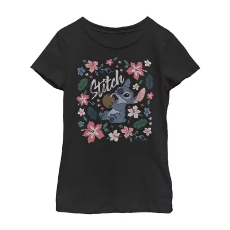 Little & Big Kid Girls Crew Neck Short Sleeve Slim Fit Lilo Stitch Graphic T-Shirt