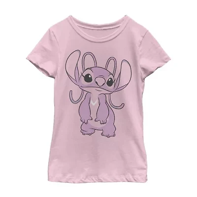 Little & Big Kid Girls Crew Neck Short Sleeve Slim Fit Lilo Stitch Graphic T-Shirt