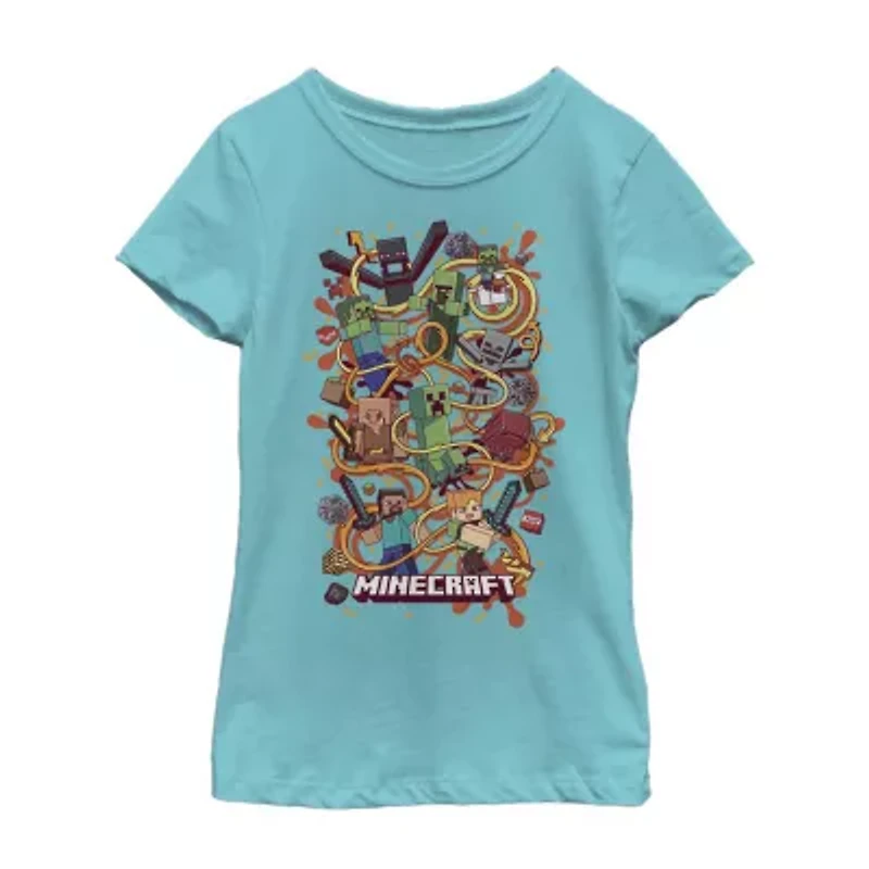 Little & Big Kid Girls Crew Neck Short Sleeve Regular Fit Minecraft Graphic T-Shirt
