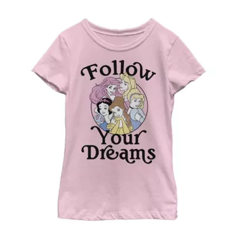 Follow Your Dreams Little & Big Kid Girls Crew Neck Short Sleeve Slim Fit Princess Graphic T-Shirt