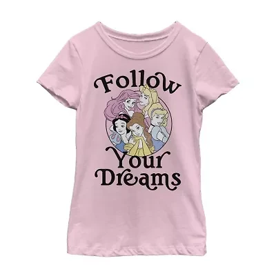 Follow Your Dreams Little & Big Kid Girls Crew Neck Short Sleeve Slim Fit Princess Graphic T-Shirt