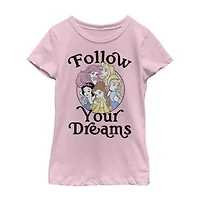 Follow Your Dreams Little & Big Kid Girls Crew Neck Short Sleeve Slim Fit Princess Graphic T-Shirt