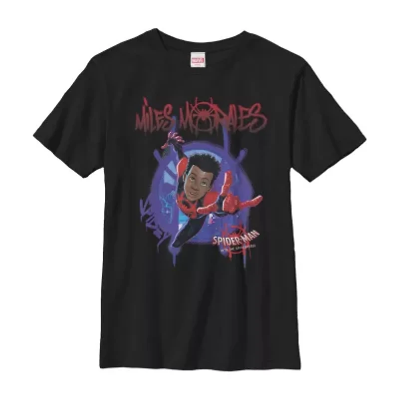 Miles Morales Little & Big Kid Boys Crew Neck Short Sleeve Slim Fit Spiderman Graphic T-Shirt