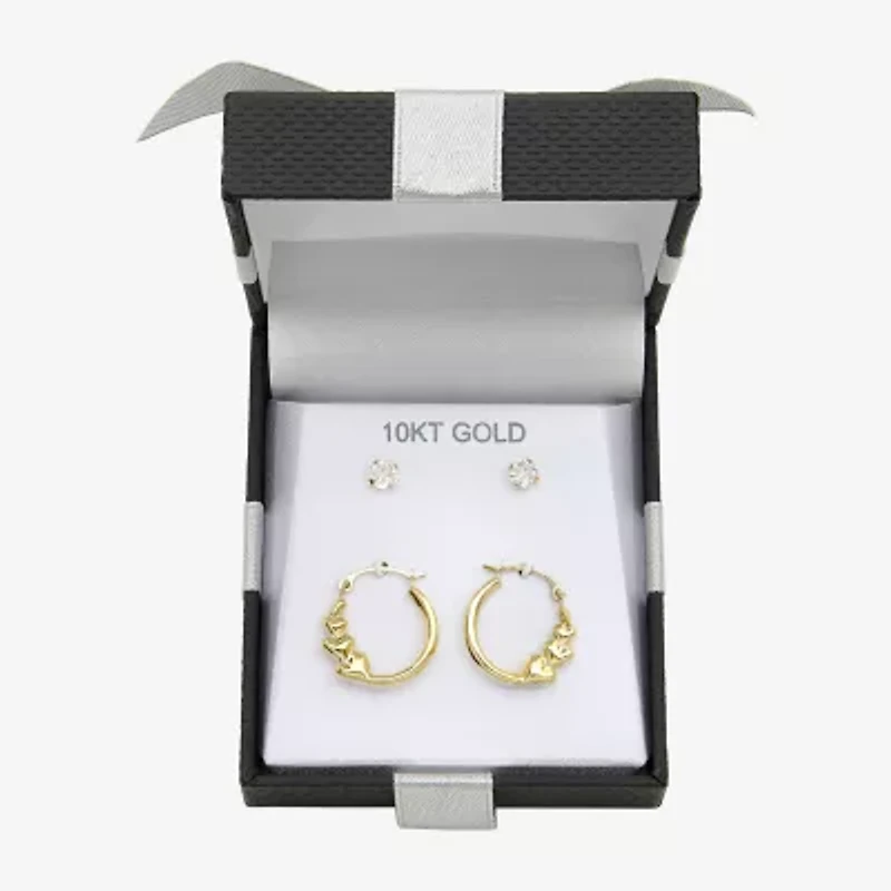 Womens Cubic Zirconia 10K Gold Round 2 Pair Earring Set