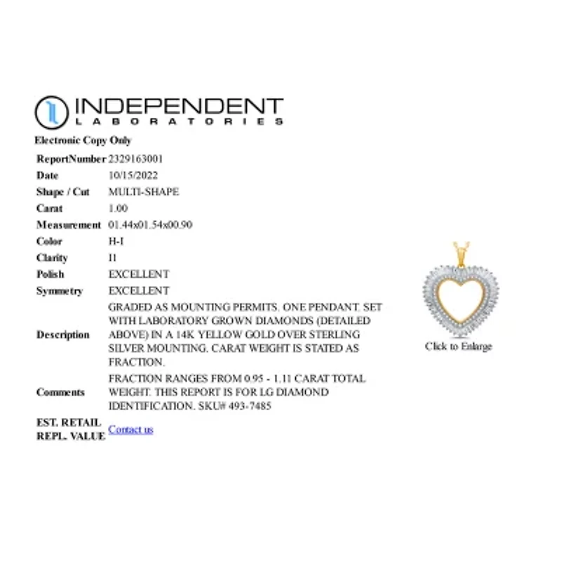 (H-I / I1) Womens 1 CT. T.W. Lab Grown White Diamond 14K Gold Over Silver Sterling Heart 18 Inch Pendant Necklace
