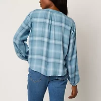 a.n.a Plaid Womens Split Crew Neck Long Sleeve Balloon Regular Fit Button-Down Shirt