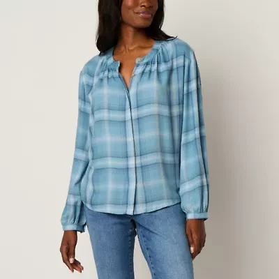 a.n.a Plaid Womens Split Crew Neck Long Sleeve Balloon Regular Fit Button-Down Shirt
