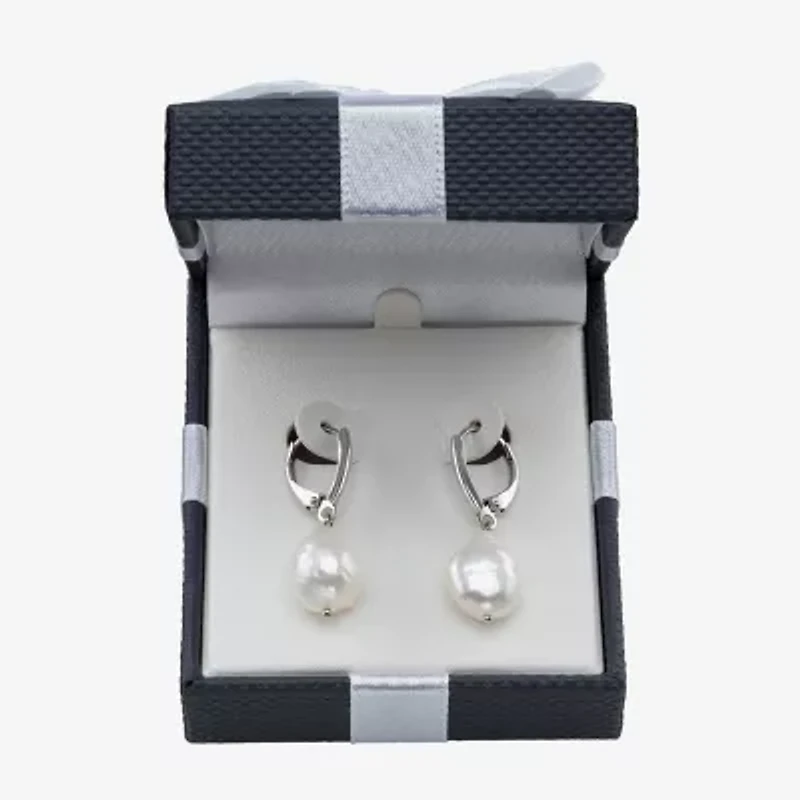 Womens Genuine White Cultured Freshwater Pearl Sterling Silver Drop Earrings